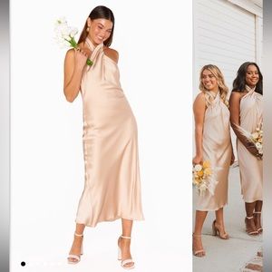 Show Me Your Mumu Jasmine Halter Midi Dress in Champagne Luxe Satin